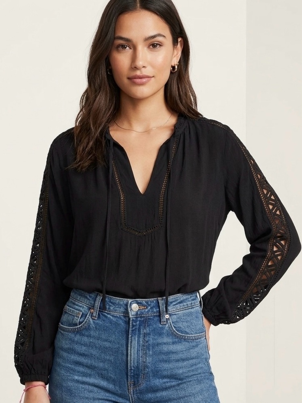 Black Crochet Ladder Lace Express Long Sleeve Boho Peasant Blouse Size M